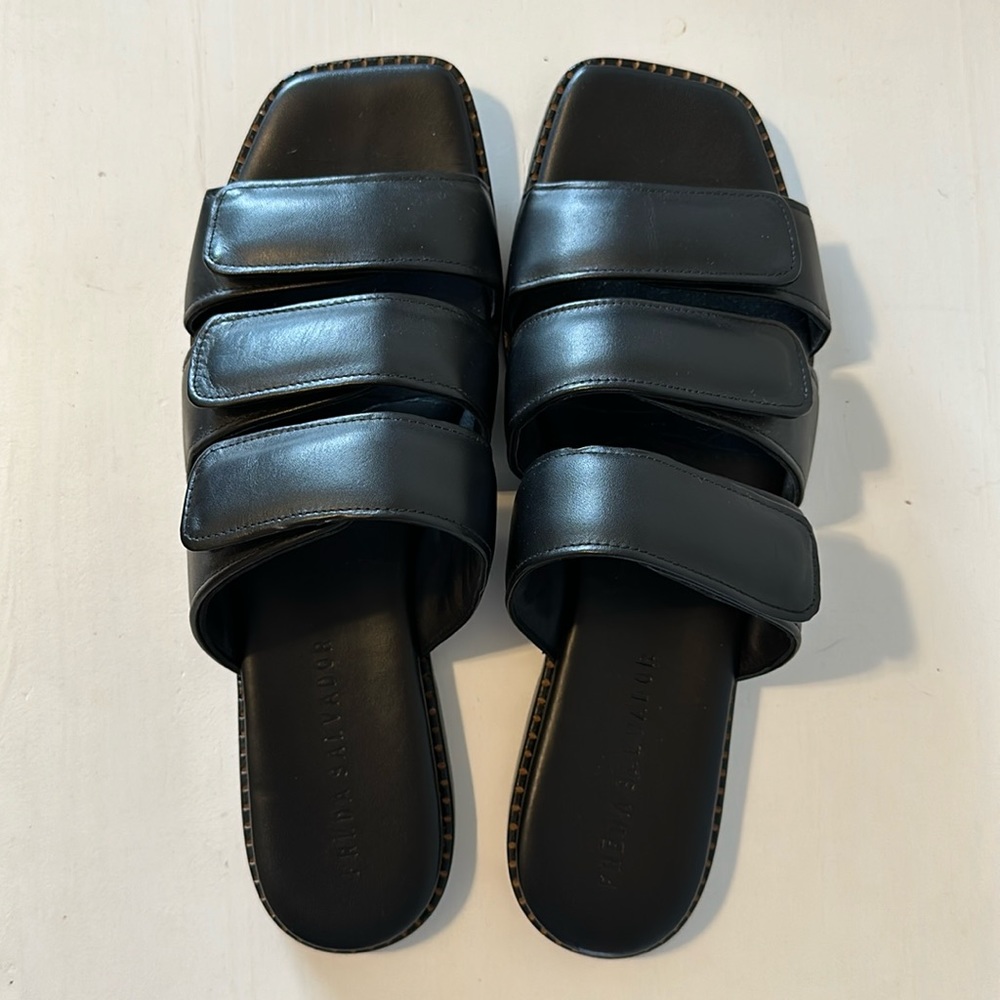 Freda Salvador Black Triple-Strap Leather Slide Sandals